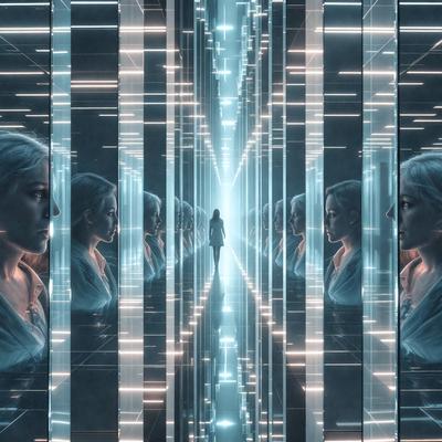 The primary subject of the image is a woman walking down a hallway. The setting is a hallway with multiple mirrors on the walls, creating an illusion of depth and repetition. The visual style is a digital art or illustration, as the woman appears to be a part of a larger image or pattern. The colors and mood of the image are predominantly blue, giving it a calm and serene atmosphere.